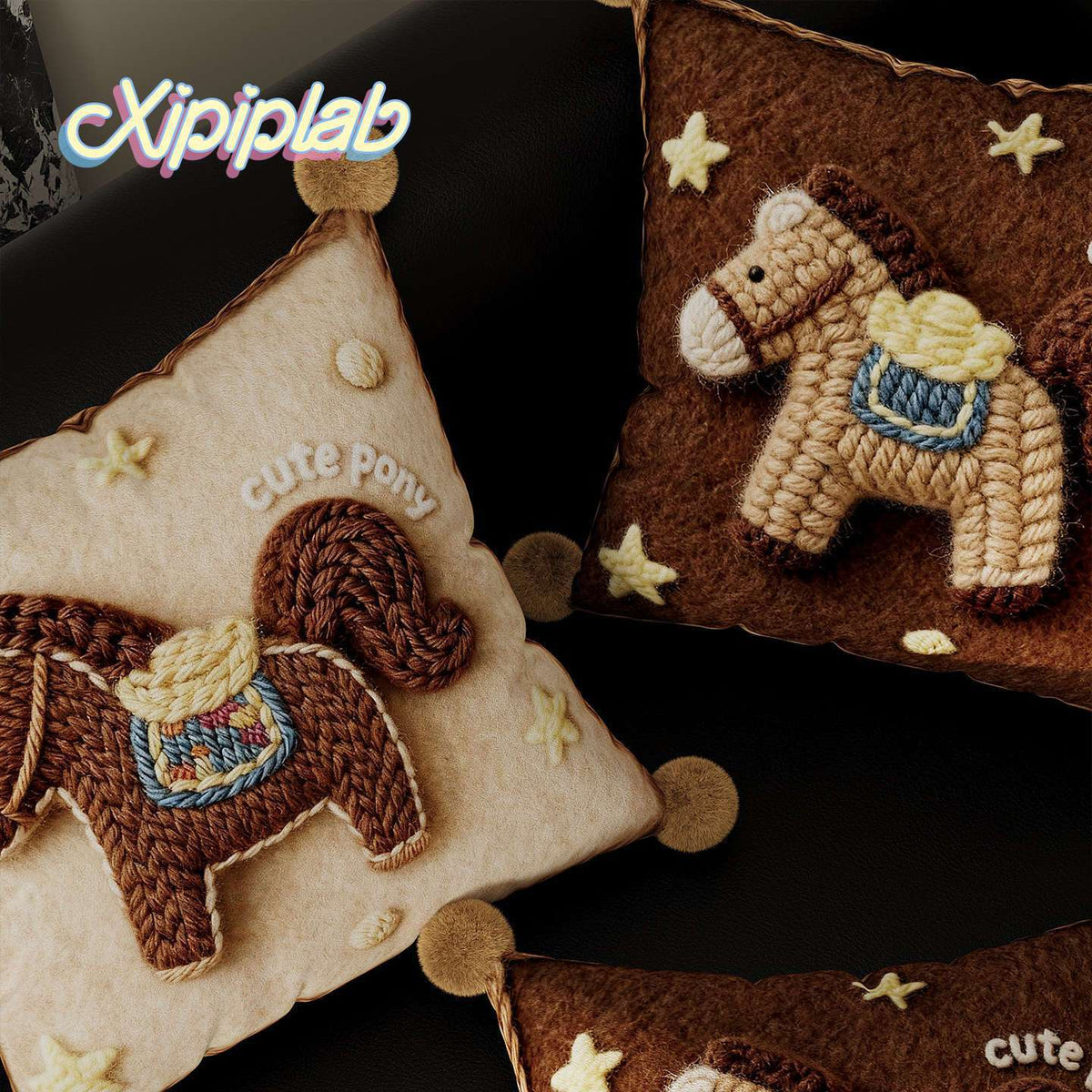 Throw Pillow Cover Embroidered Pony Applique Velvet & Pom-Pom