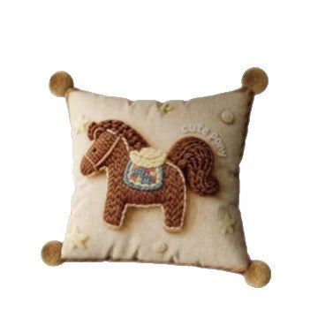 Throw Pillow Cover Embroidered Pony Applique Velvet & Pom-Pom