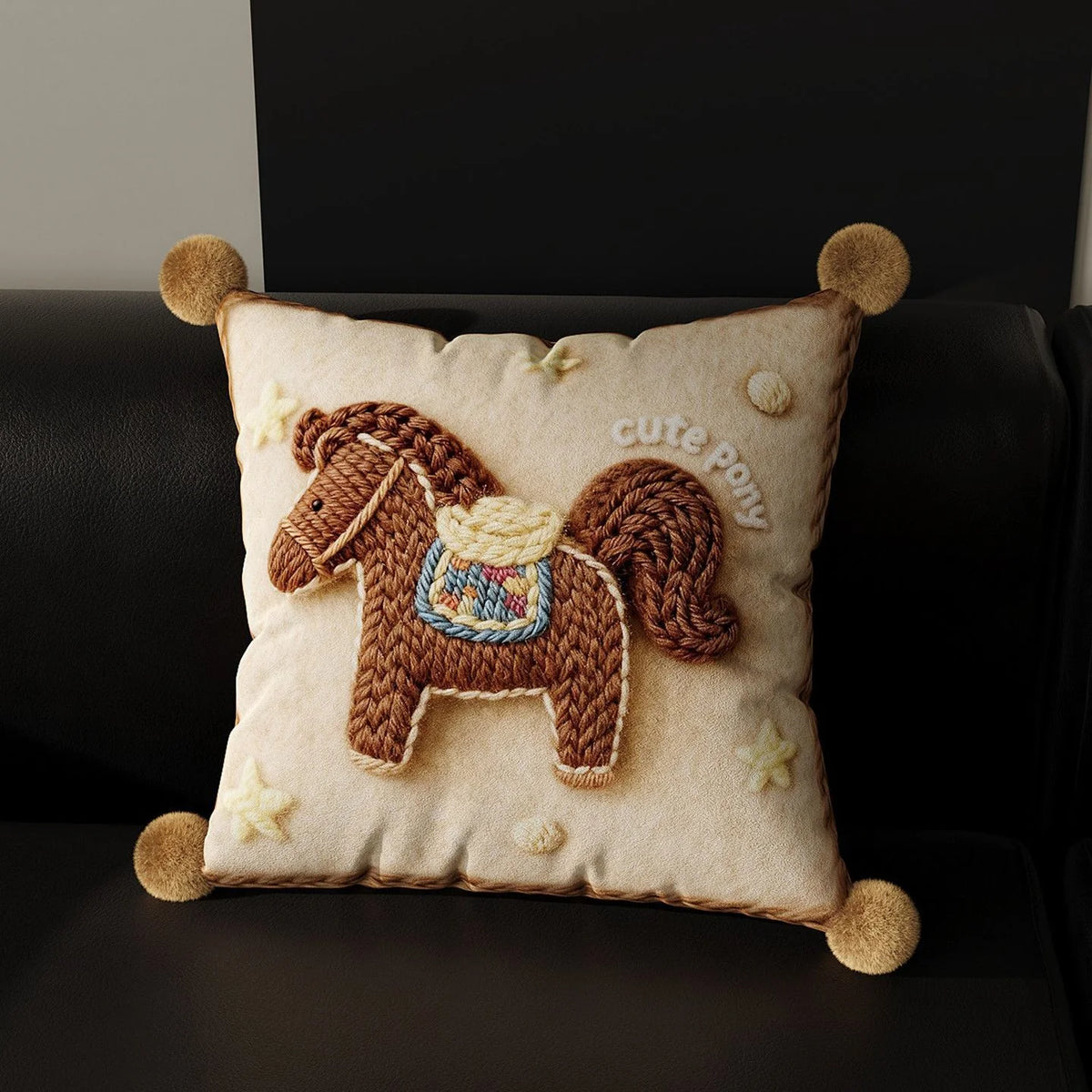 Throw Pillow Cover Embroidered Pony Applique Velvet & Pom-Pom