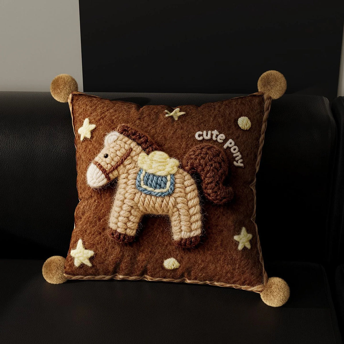 Throw Pillow Cover Embroidered Pony Applique Velvet & Pom-Pom