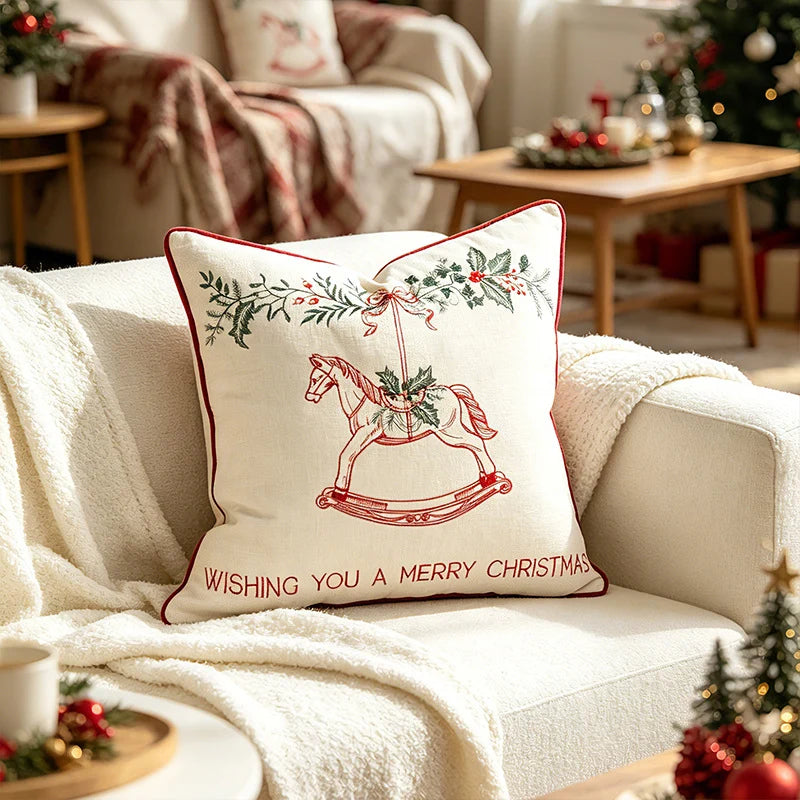 Throw Pillow Cover Embroidered Rocking Horse Linen-Look Fabric Hidden Zipper