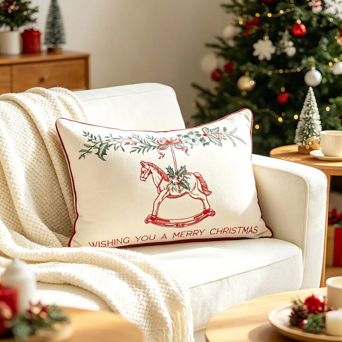 Throw Pillow Cover Embroidered Rocking Horse Linen-Look Fabric Hidden Zipper