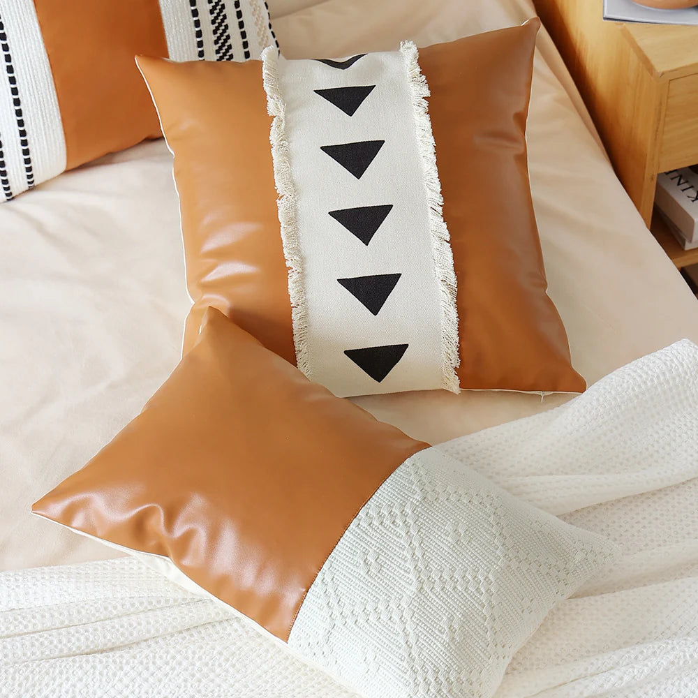 Throw Pillow Cover Faux Leather Woven Stripe 18x18