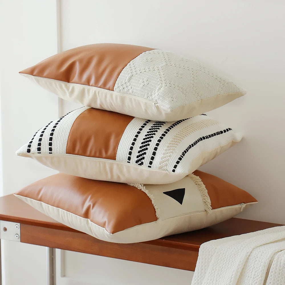Throw Pillow Cover Faux Leather Woven Stripe 18x18