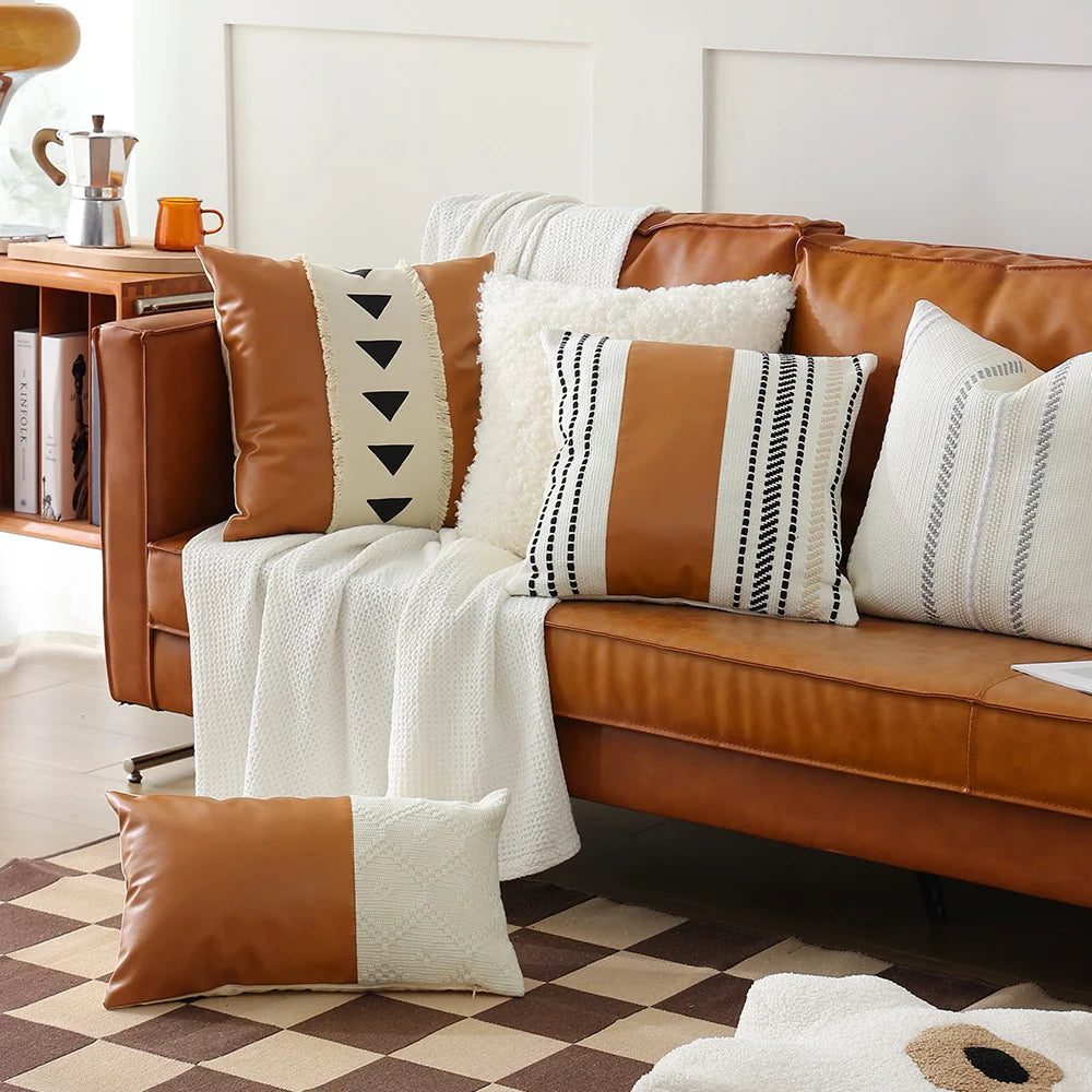 Throw Pillow Cover Faux Leather Woven Stripe 18x18