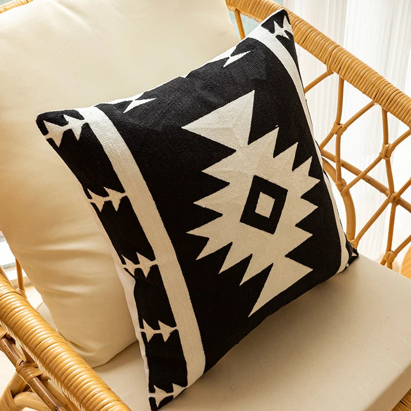 Throw Pillow Cover Hand-Stitched Geometric Cotton-Linen Hidden Zipper