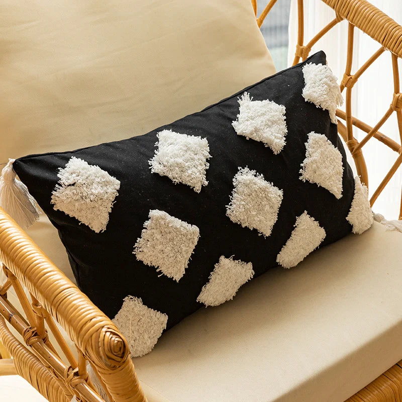 Throw Pillow Cover Hand-Stitched Geometric Cotton-Linen Hidden Zipper