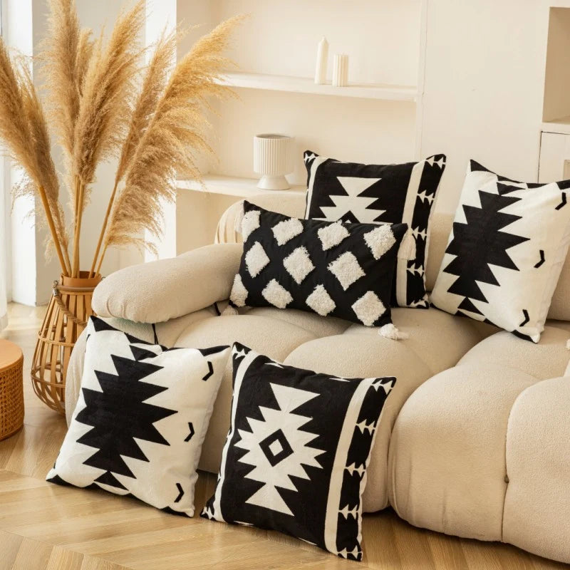 Throw Pillow Cover Hand-Stitched Geometric Cotton-Linen Hidden Zipper