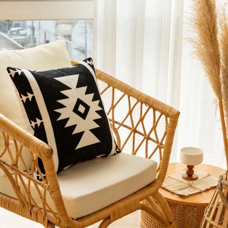 Throw Pillow Cover Hand-Stitched Geometric Cotton-Linen Hidden Zipper