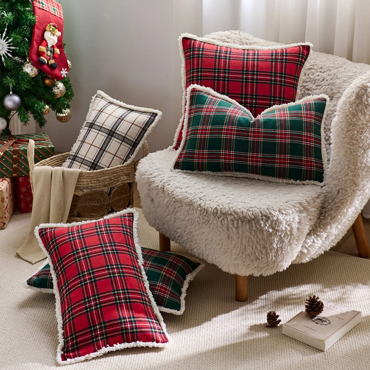 Throw Pillow Cover Plaid Brushed Flannel & Sherpa Trim