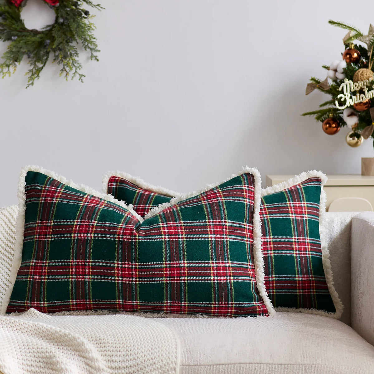 Throw Pillow Cover Plaid Brushed Flannel & Sherpa Trim