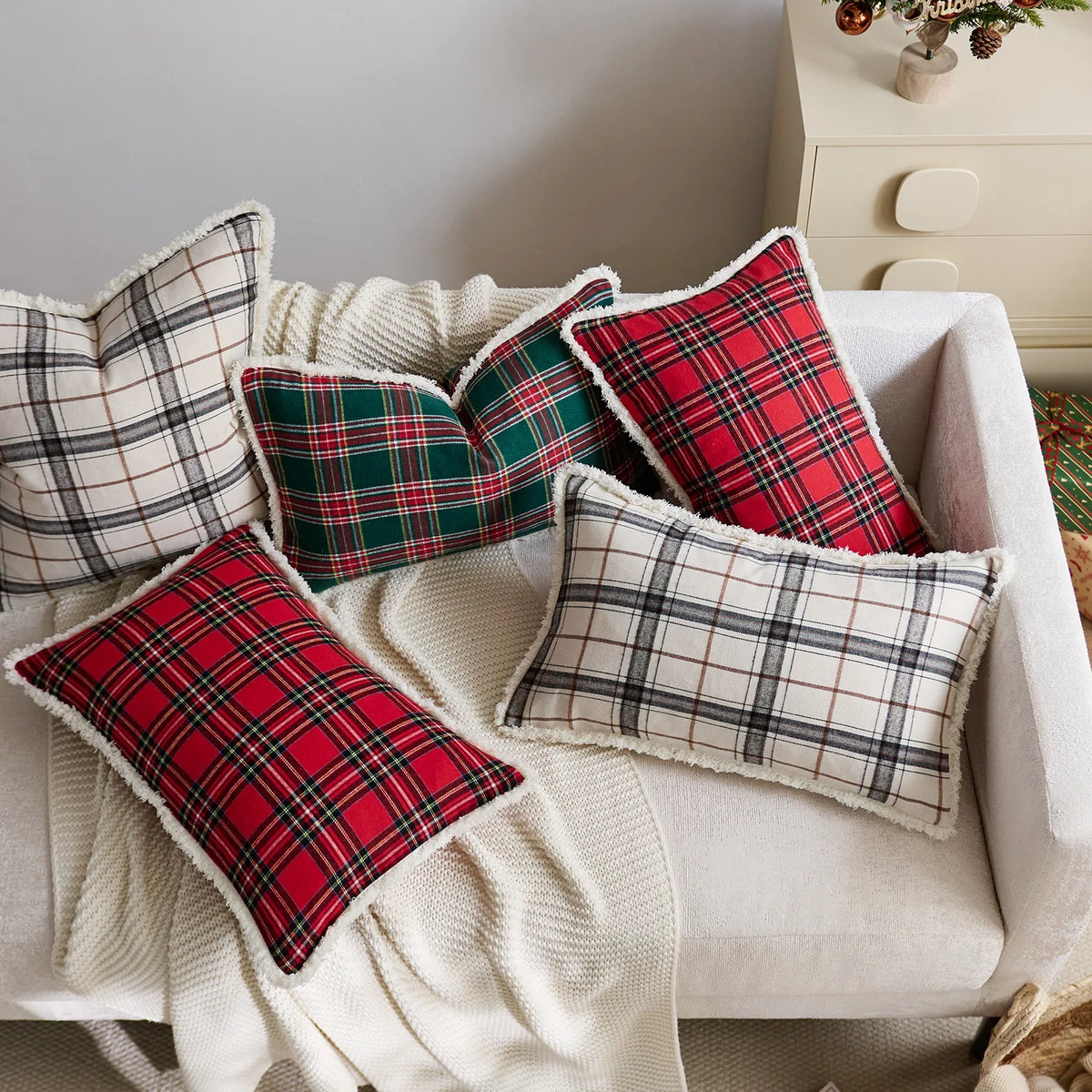 Throw Pillow Cover Plaid Brushed Flannel & Sherpa Trim