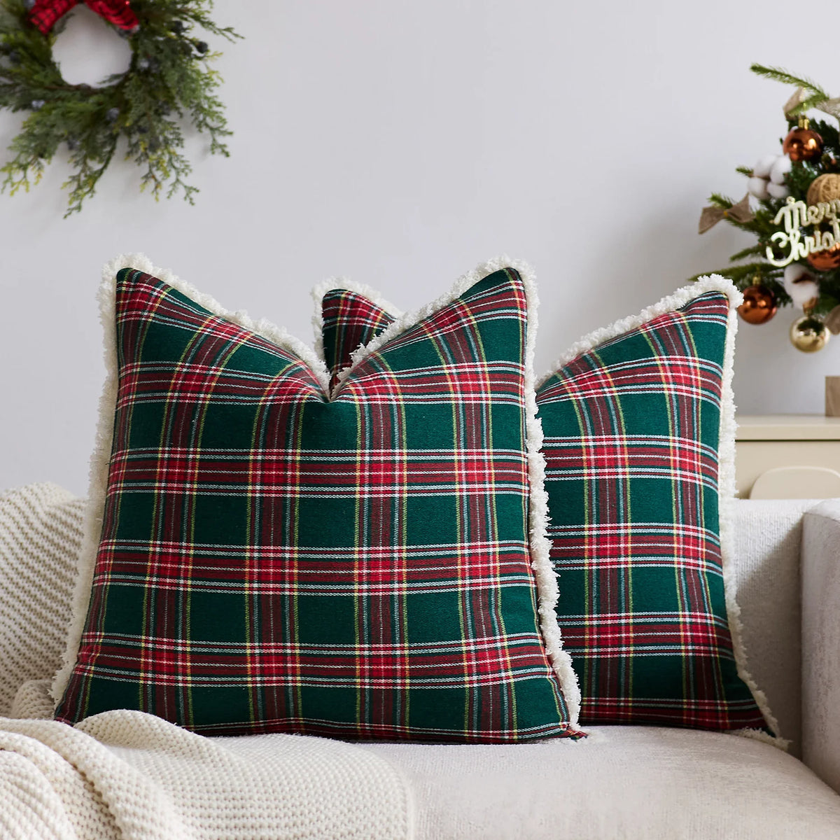 Throw Pillow Cover Plaid Brushed Flannel & Sherpa Trim