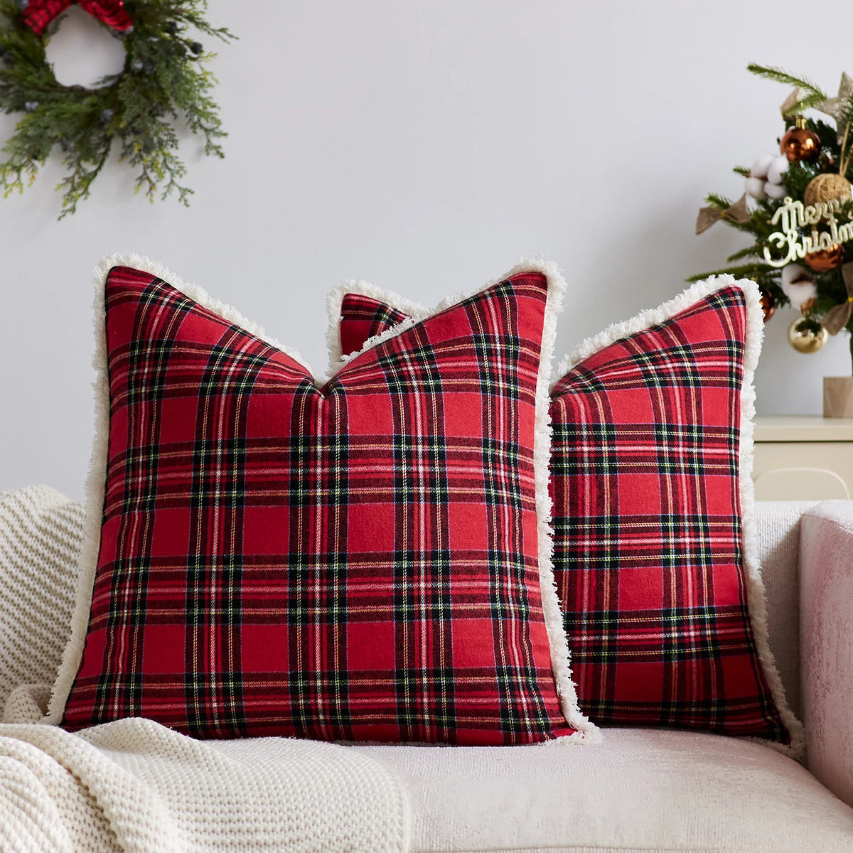 Throw Pillow Cover Plaid Brushed Flannel & Sherpa Trim