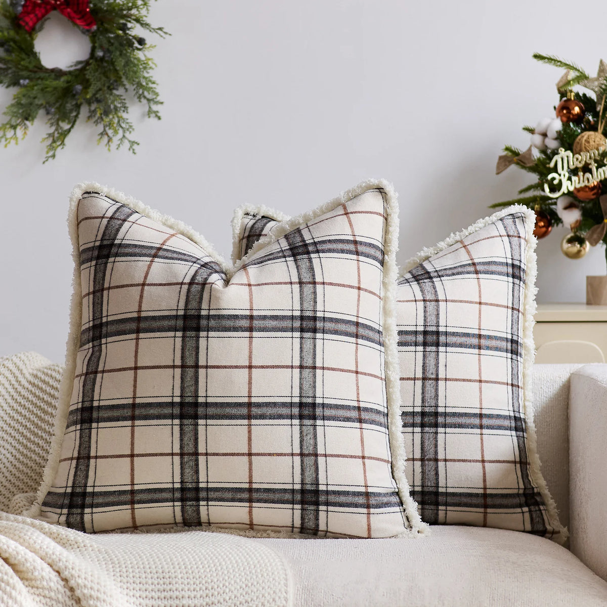 Throw Pillow Cover Plaid Brushed Flannel & Sherpa Trim