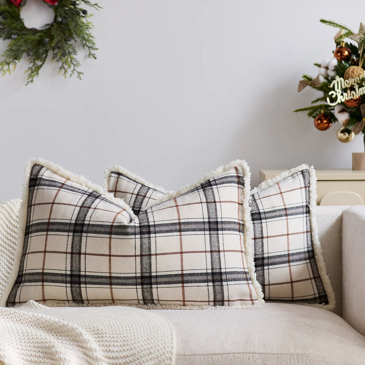 Throw Pillow Cover Plaid Brushed Flannel & Sherpa Trim