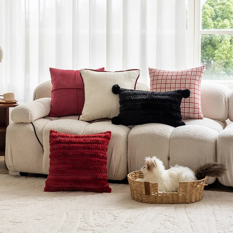 Throw Pillow Cover Plaid Woven Cotton Linen Hidden Zipper