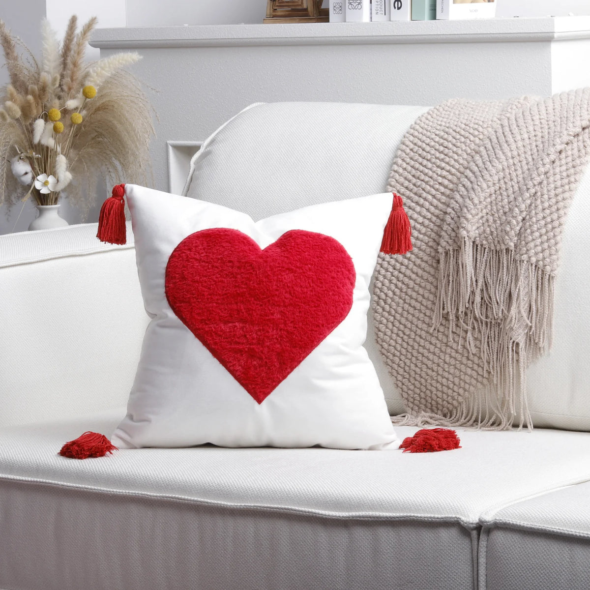 Throw Pillow Cover Plush Heart Applique & Tassel Corners Cotton Blend