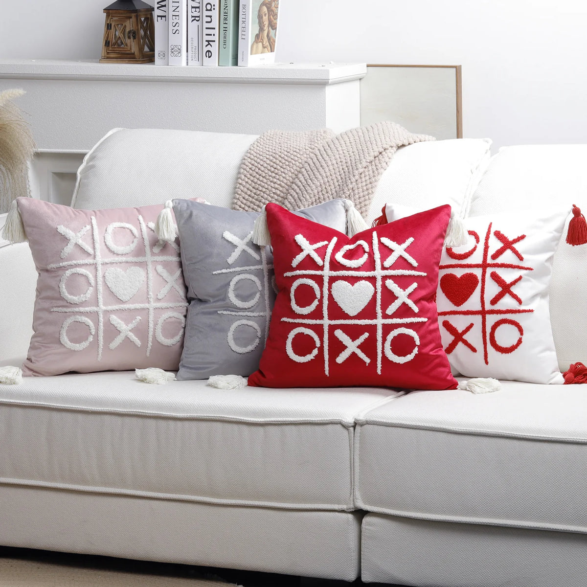 Throw Pillow Cover Plush Heart Applique & Tassel Corners Cotton Blend