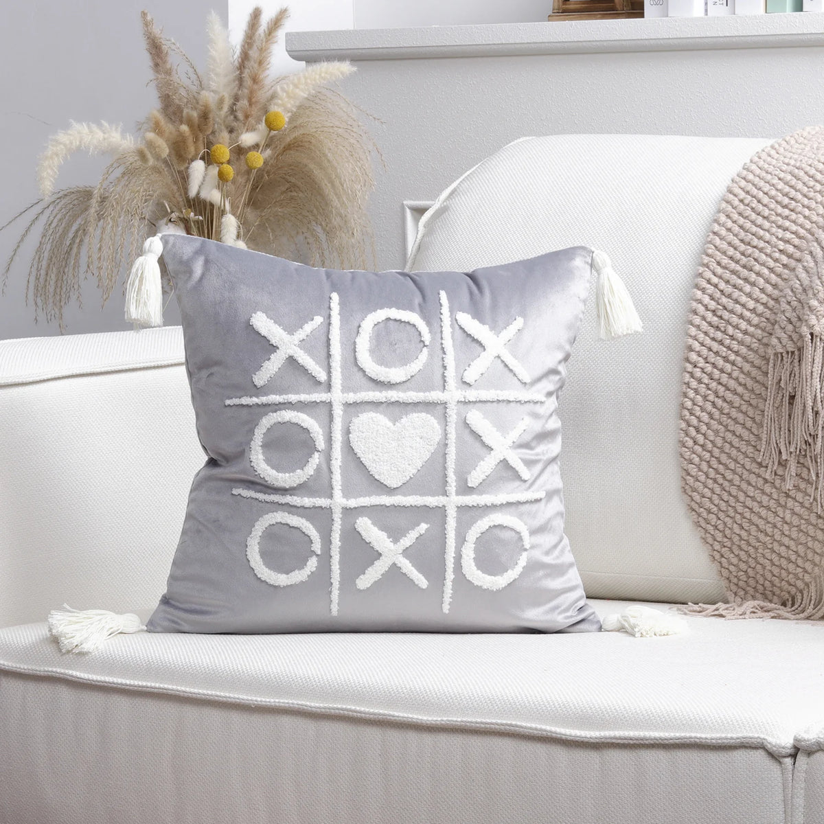 Throw Pillow Cover Plush Heart Applique & Tassel Corners Cotton Blend