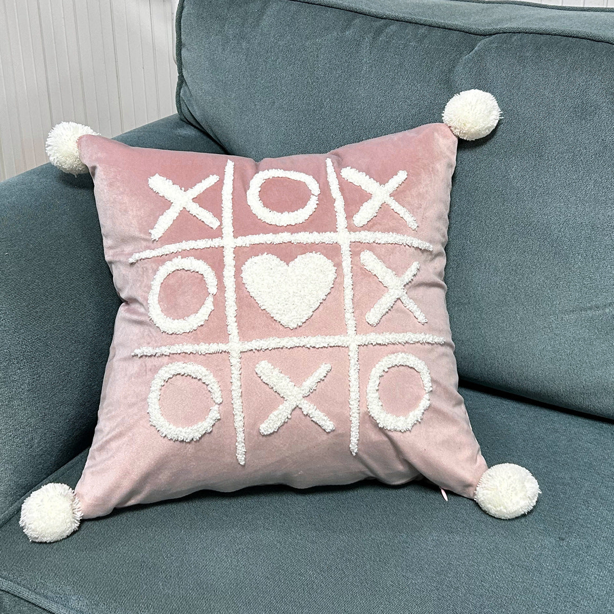 Throw Pillow Cover Plush Heart Applique & Tassel Corners Cotton Blend