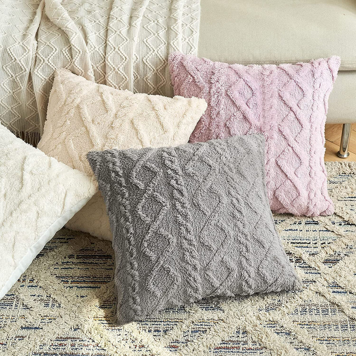 Throw Pillow Cover Plush Sherpa Geometric Tufting Hidden Zipper