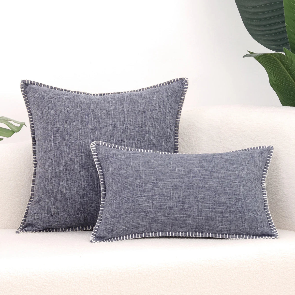 Throw Pillow Cover Textured Linen-Blend Contrast Whipstitch