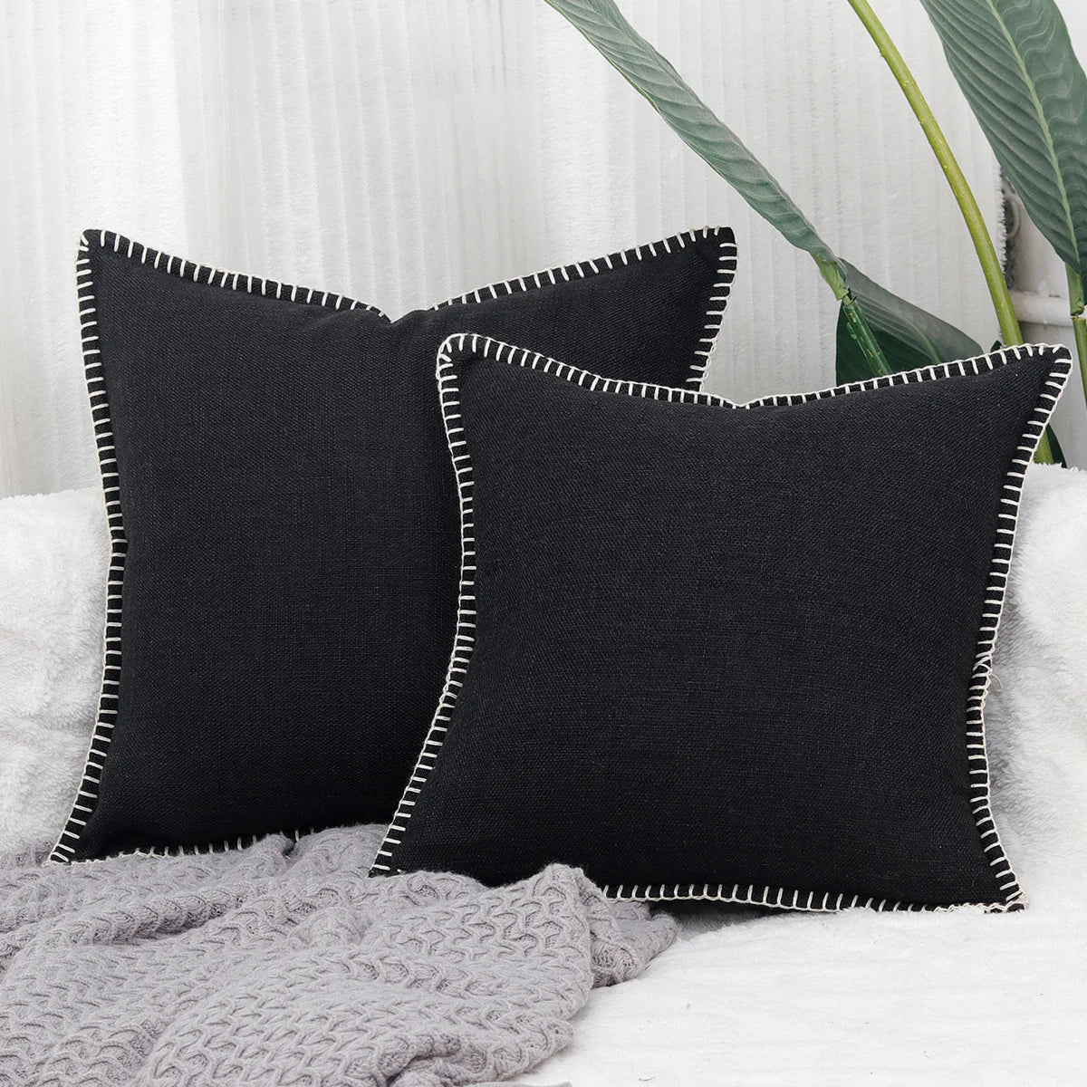 Throw Pillow Cover Textured Linen-Blend Contrast Whipstitch