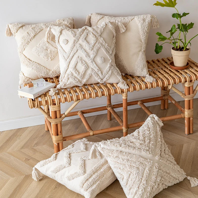Throw Pillow Cover Textured Moroccan Diamond Cotton Blend & Tassels