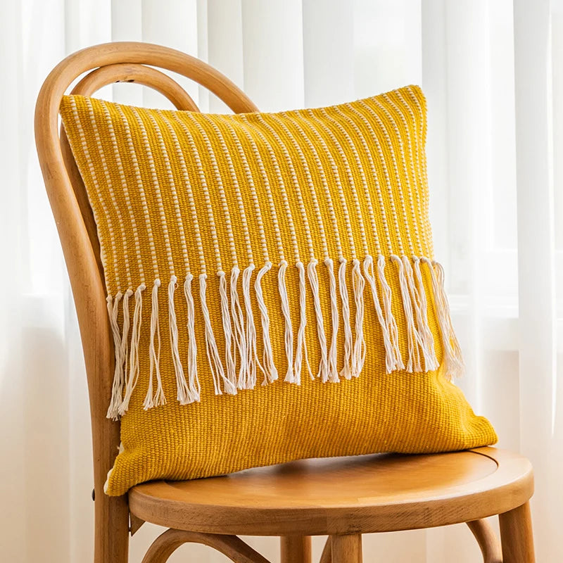 Throw Pillow Cover Textured Woven Fringe Cotton Blend