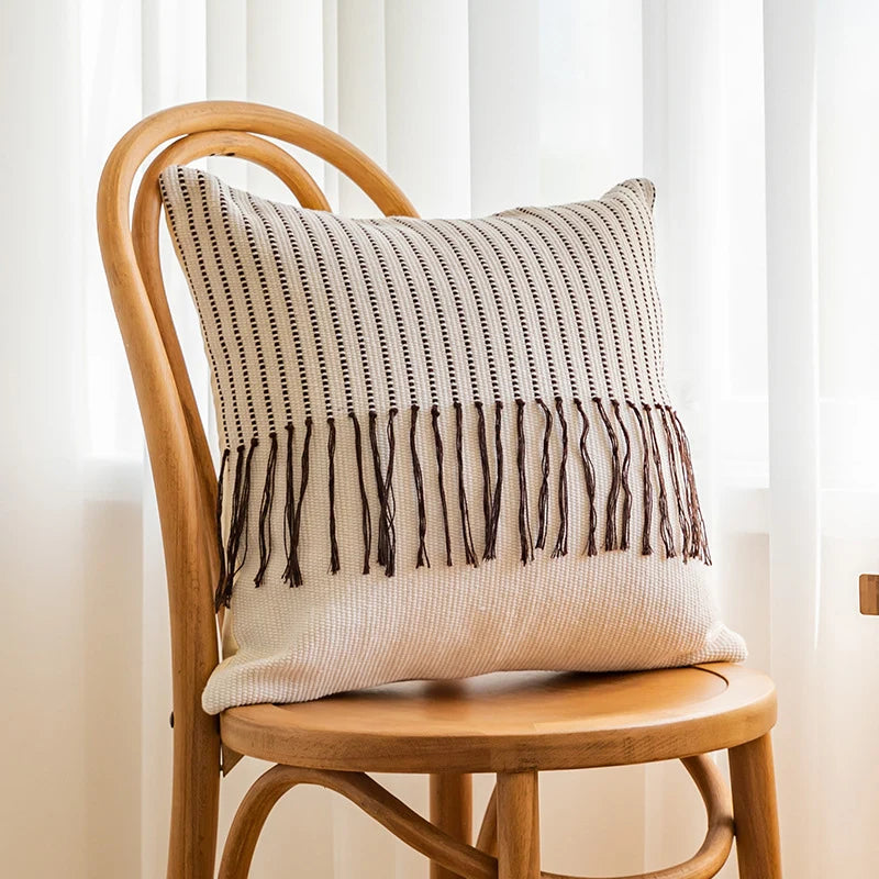Throw Pillow Cover Textured Woven Fringe Cotton Blend