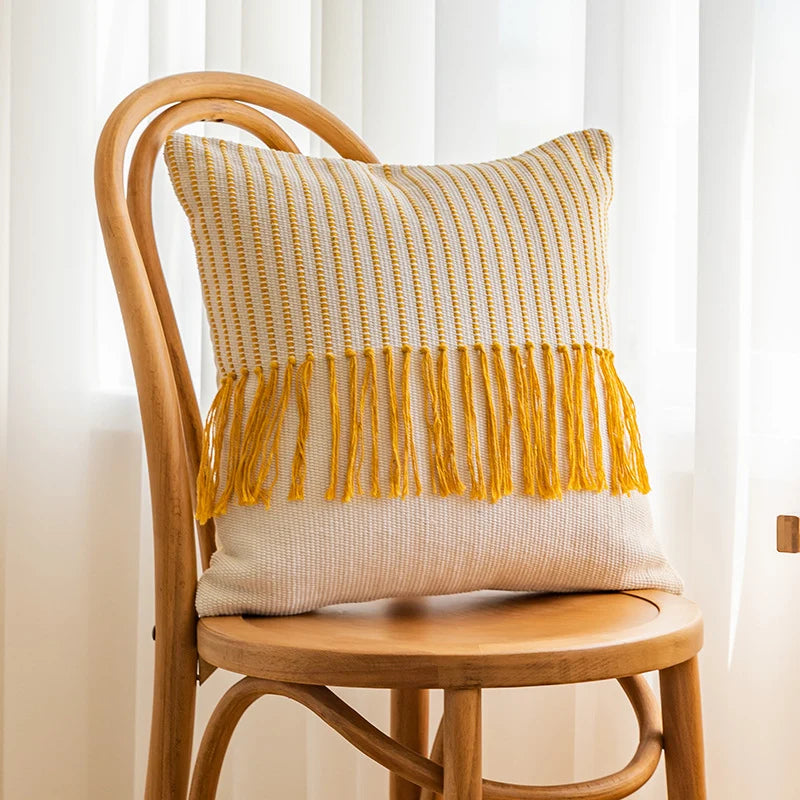 Throw Pillow Cover Textured Woven Fringe Cotton Blend