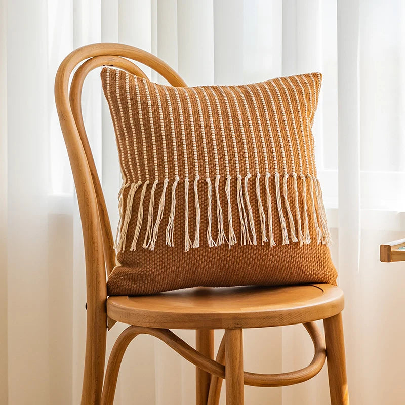 Throw Pillow Cover Textured Woven Fringe Cotton Blend