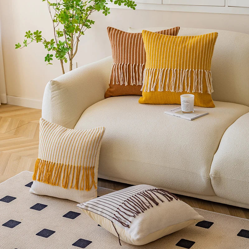 Throw Pillow Cover Textured Woven Fringe Cotton Blend