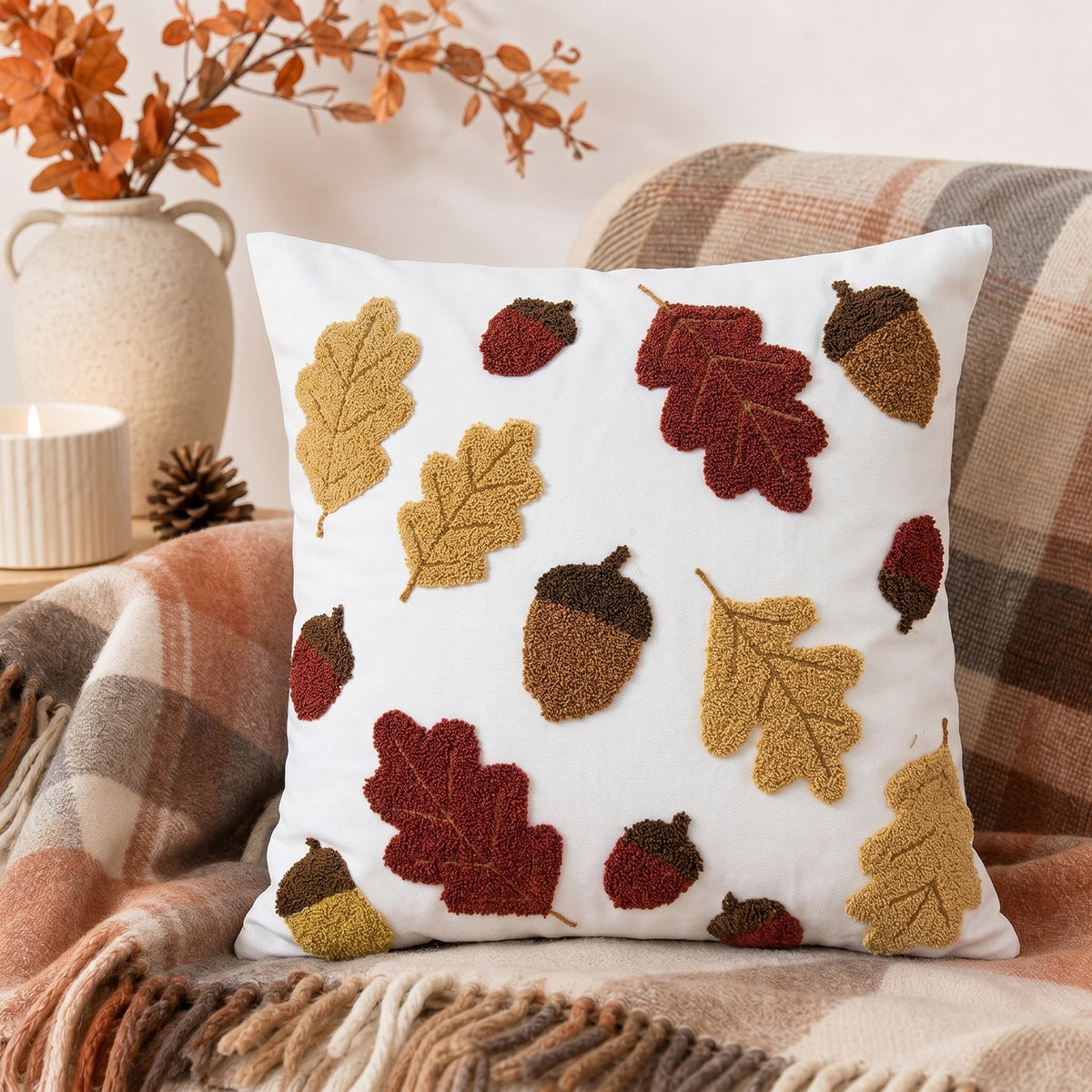 Throw Pillow Cover Tufted Chenille Leaf Woven Canvas
