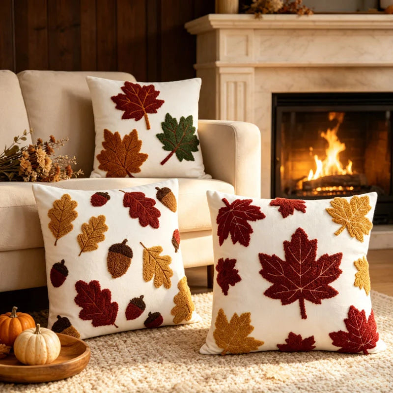 Throw Pillow Cover Tufted Chenille Leaf Woven Canvas
