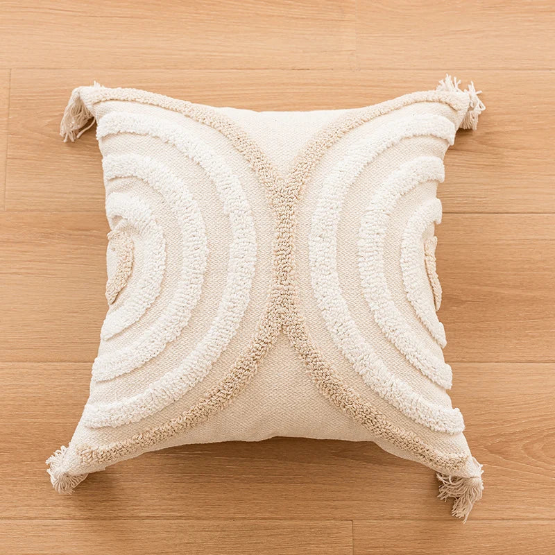 Throw Pillow Cover Tufted Concentric Circles Corner Tassels