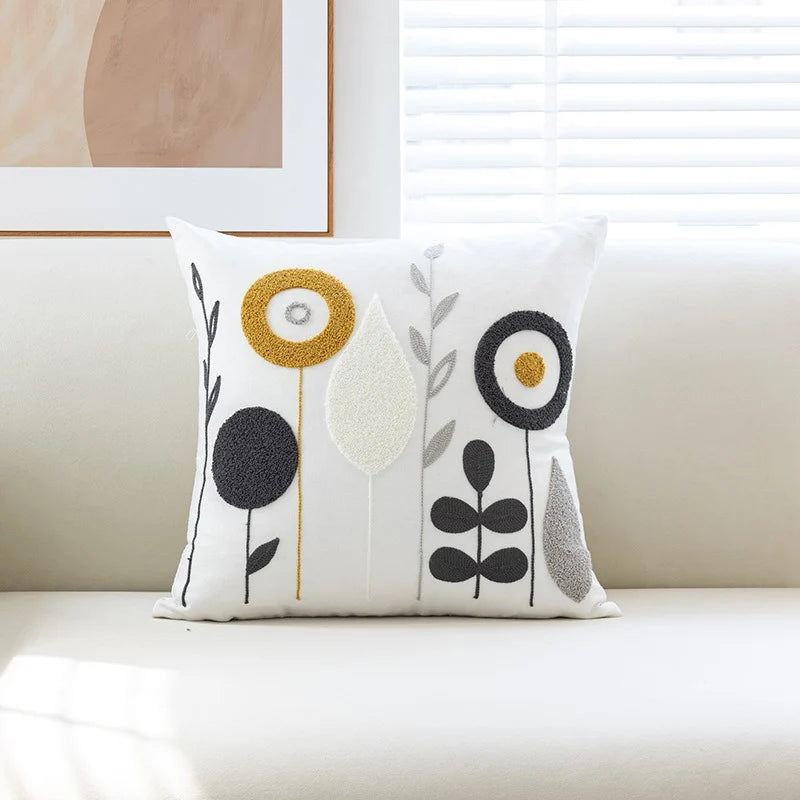 Throw Pillow Cover Tufted Floral Embroidery Cotton-Blend Hidden Zipper