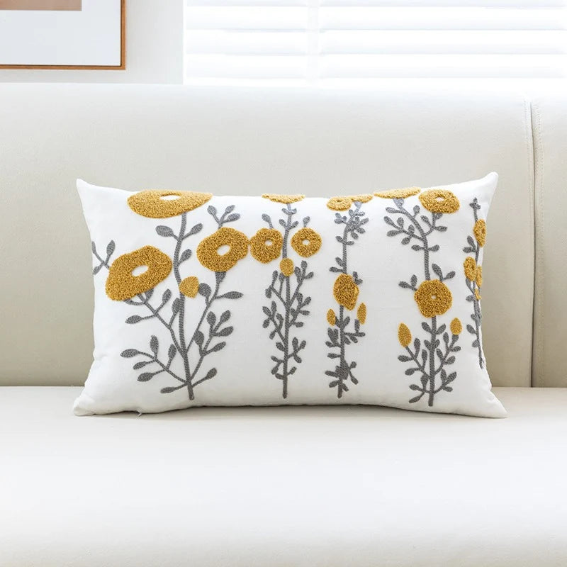 Throw Pillow Cover Tufted Floral Embroidery Cotton-Blend Hidden Zipper