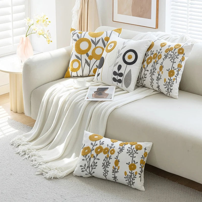 Throw Pillow Cover Tufted Floral Embroidery Cotton-Blend Hidden Zipper