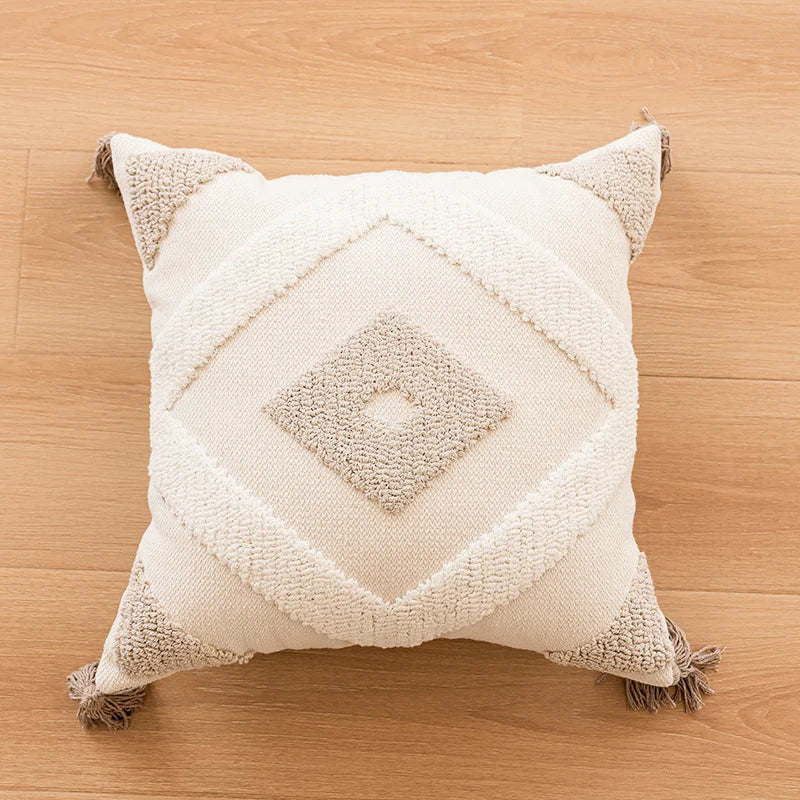 Throw Pillow Cover Tufted Geometric Cotton Tassels Hidden Zipper