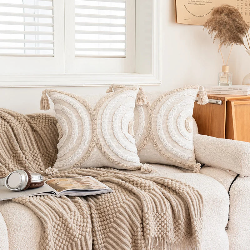 Throw Pillow Cover Tufted Geometric Cotton Tassels Hidden Zipper