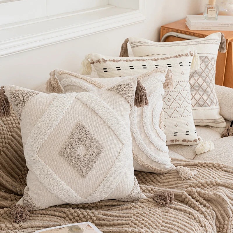 Throw Pillow Cover Tufted Geometric Cotton Tassels Hidden Zipper