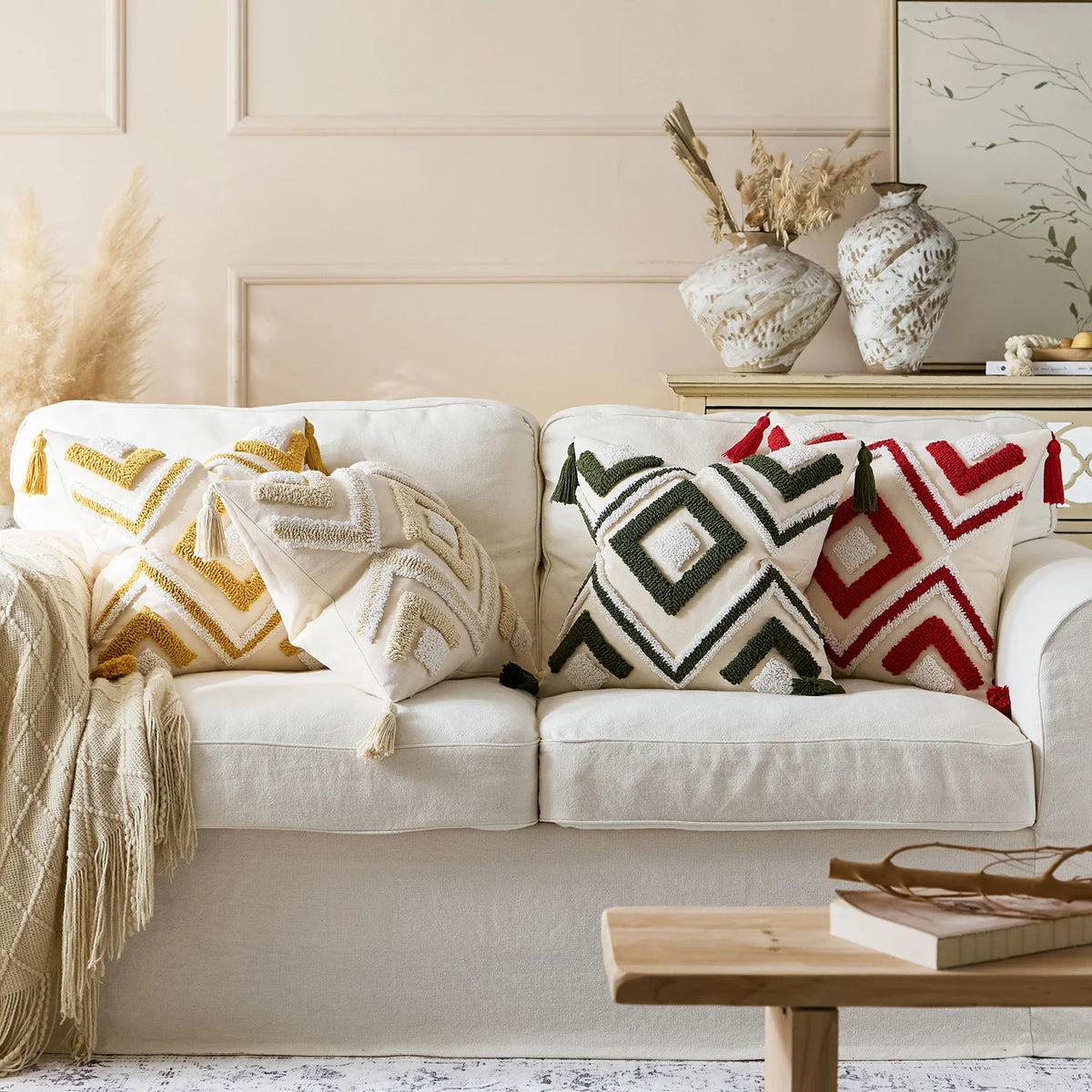 Throw Pillow Cover Tufted Geometric Tassels & Hidden Zipper