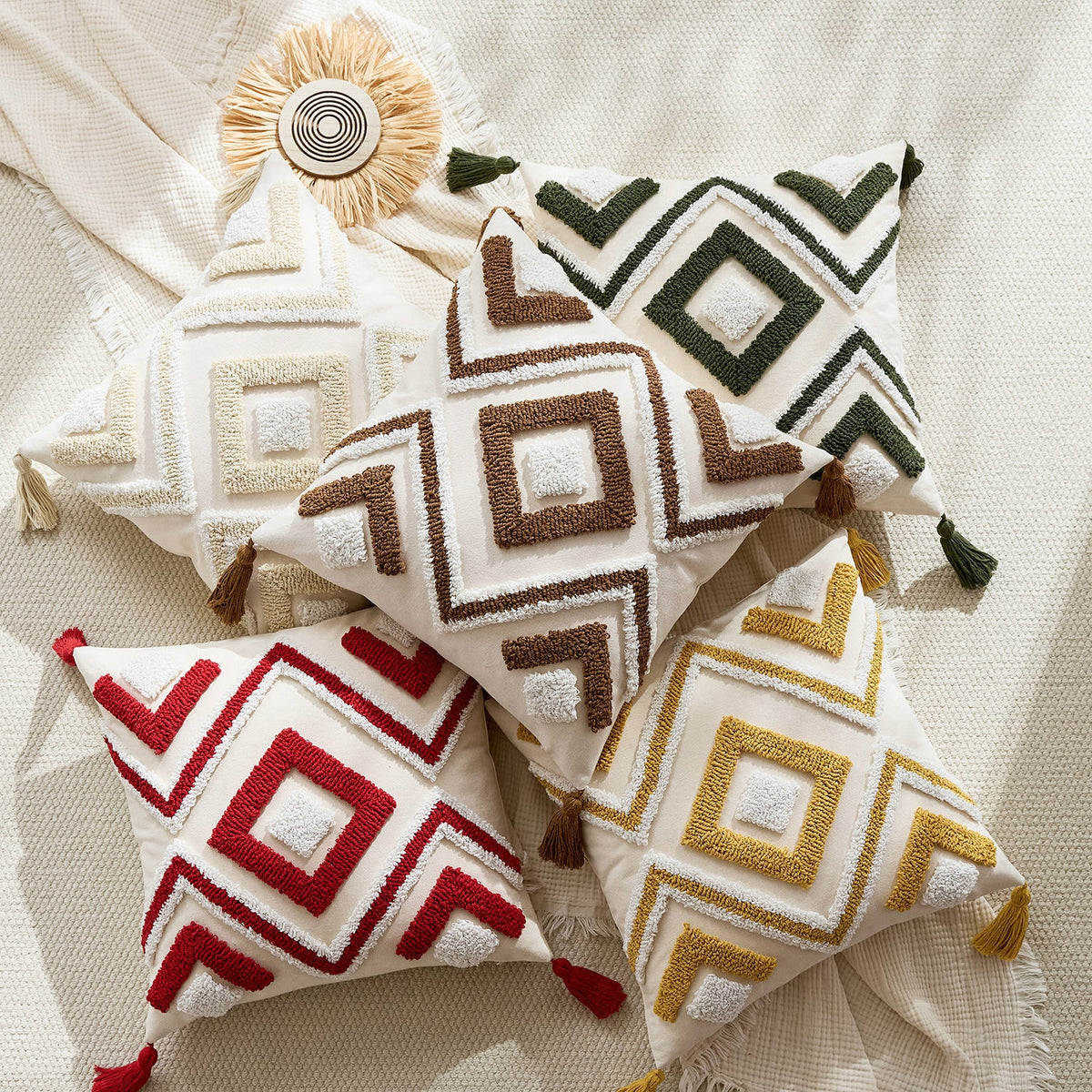Throw Pillow Cover Tufted Geometric Tassels & Hidden Zipper