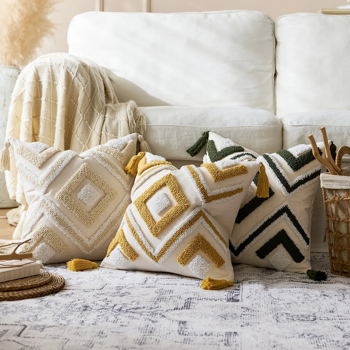 Throw Pillow Cover Tufted Geometric Tassels & Hidden Zipper