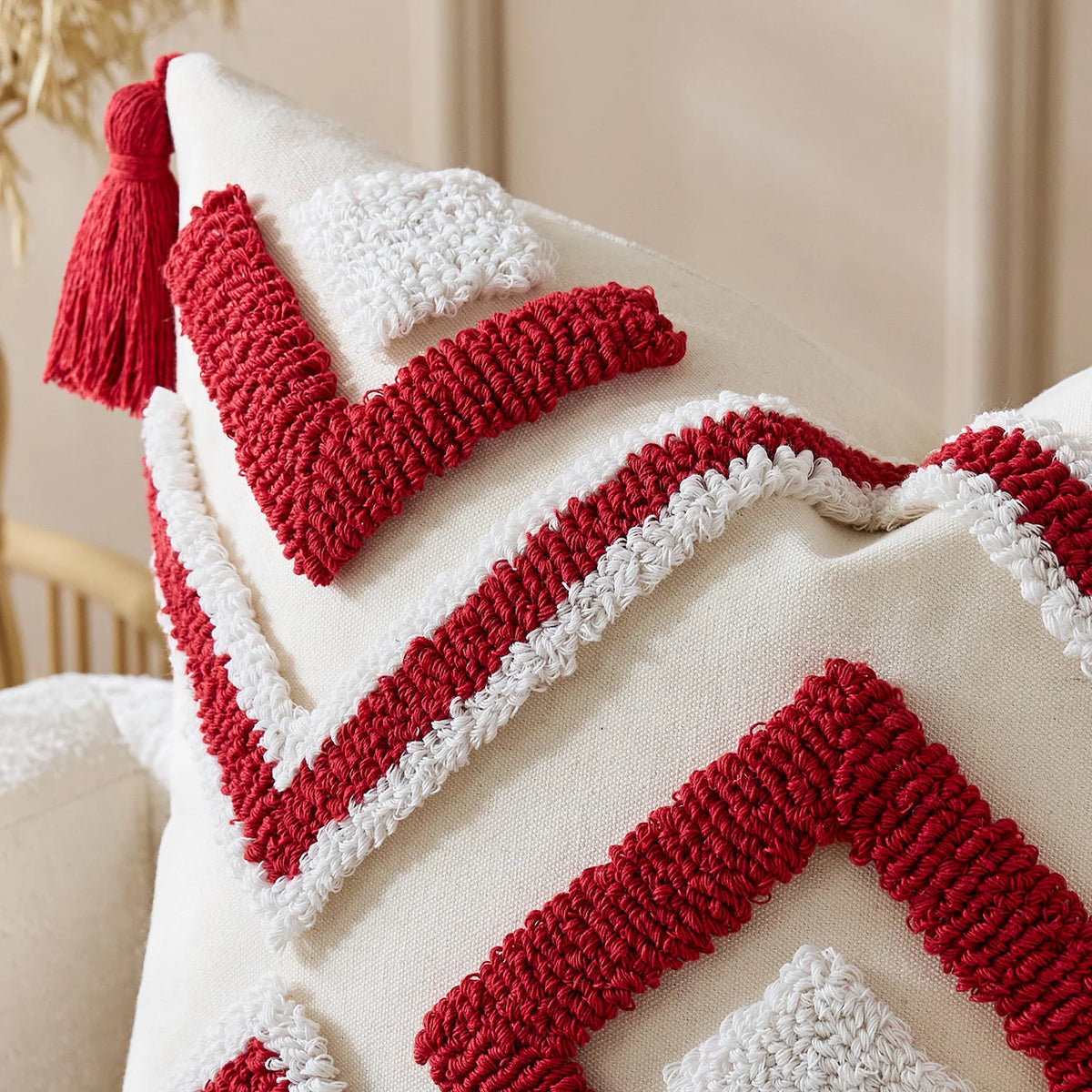 Throw Pillow Cover Tufted Geometric Tassels & Hidden Zipper