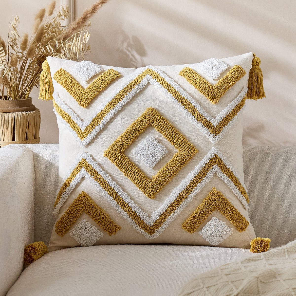 Throw Pillow Cover Tufted Geometric Tassels & Hidden Zipper