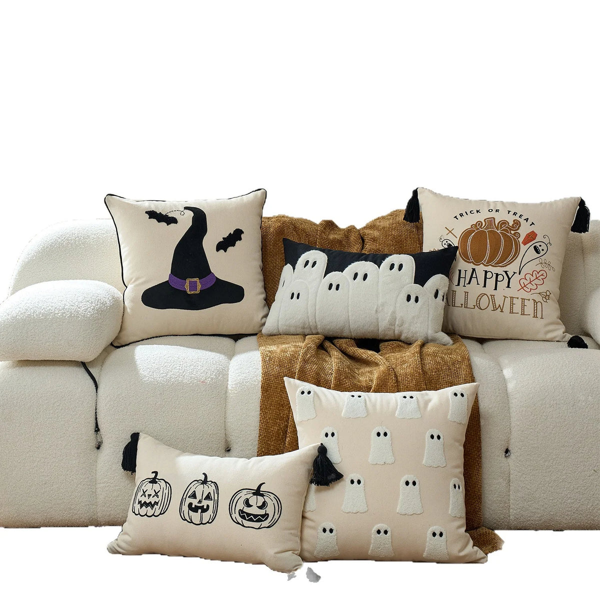 Throw Pillow Cover Tufted Ghost Bouclé Appliqué Cotton-Linen