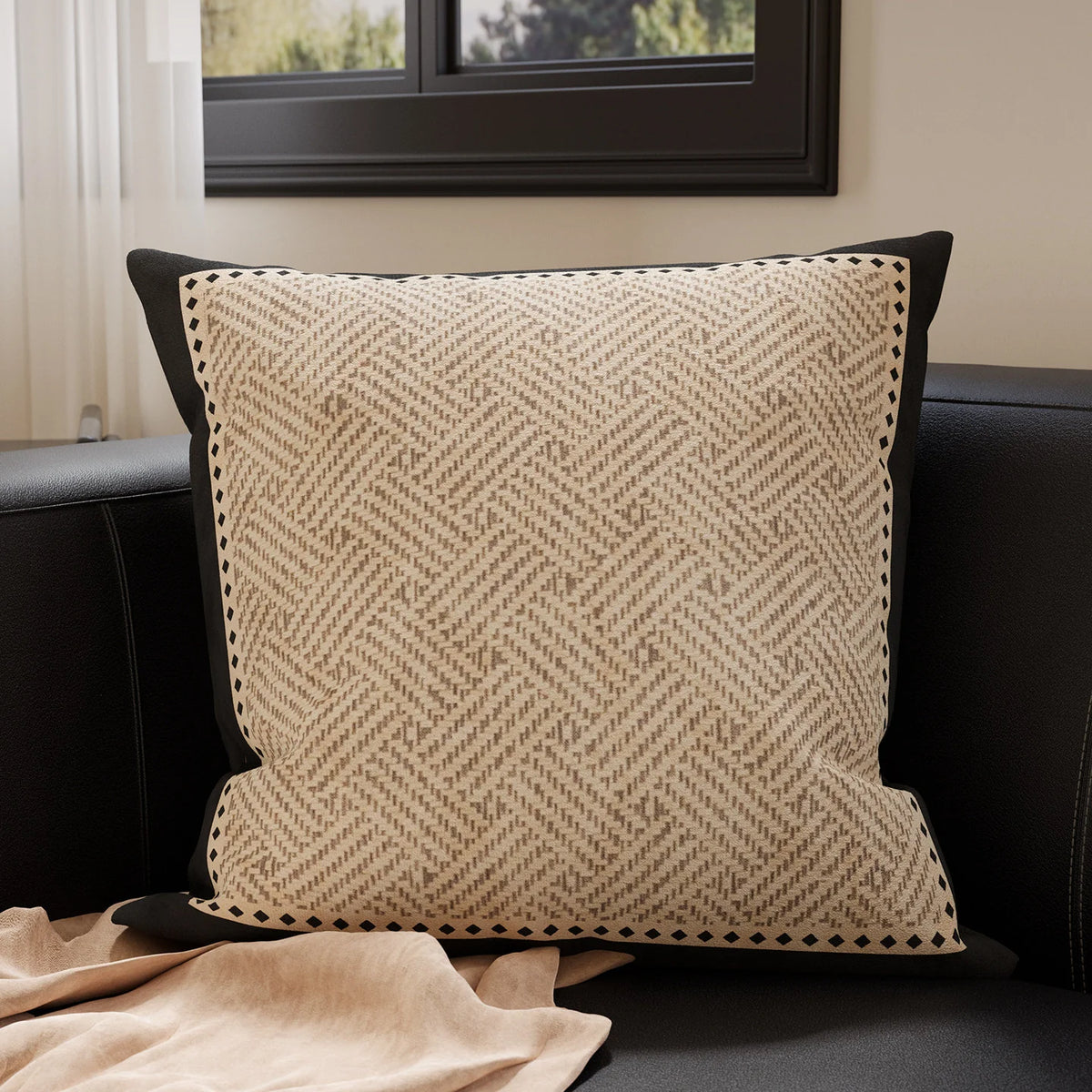 Throw Pillow Cover Woven Chevron Piped Edge Hidden Zipper